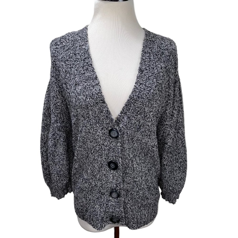 New J. Jill Black White Marled Cotton Blend Cardigan Sweater Lightweight
